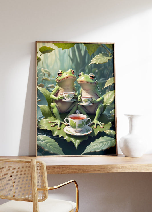 Two Frogs Drinking Tea Vintage Poster