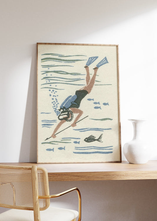 Vintage Diving Poster, Retro Diver Print