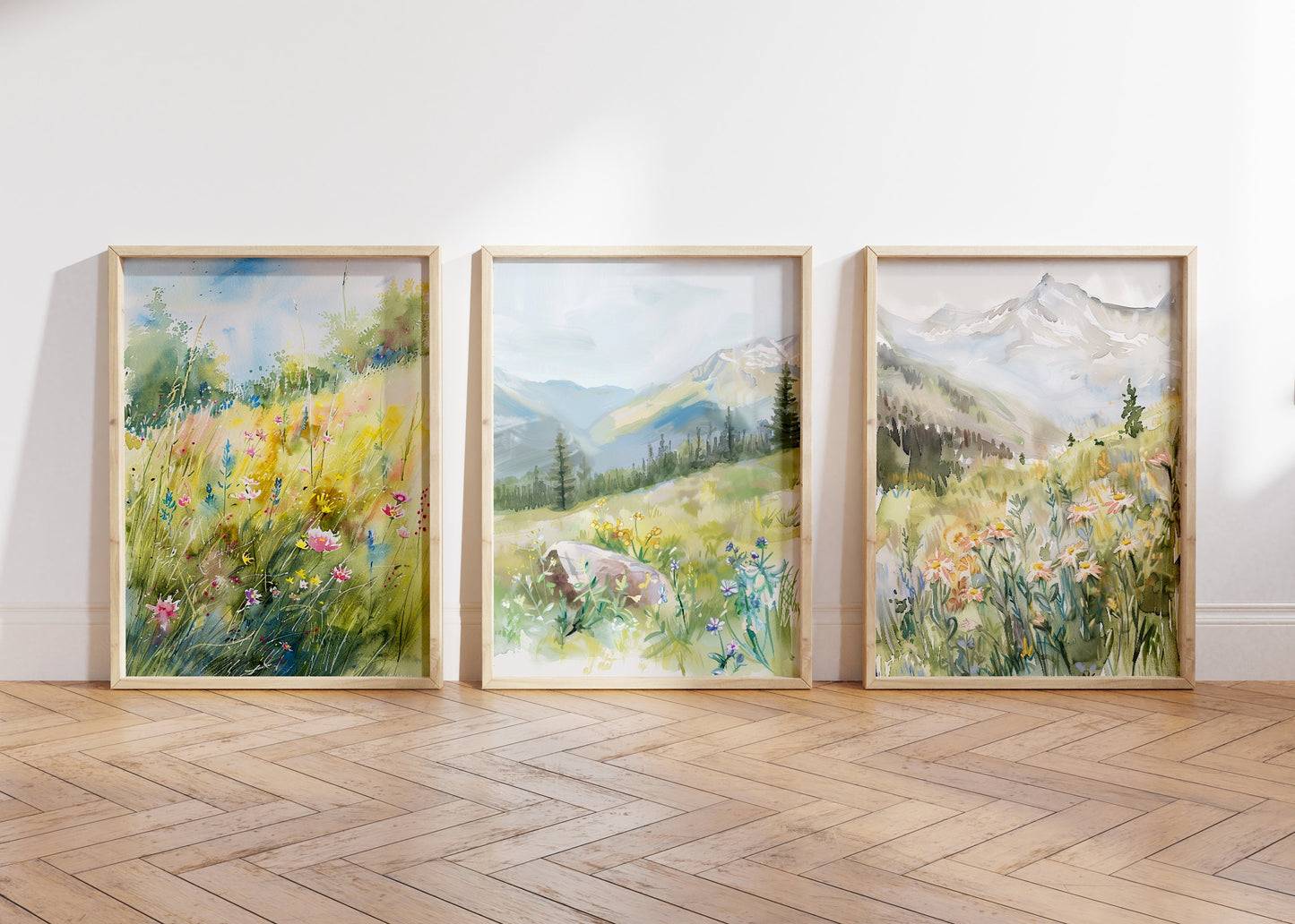 Muted Watercolour Wildflower Fields,  Print Set Of 3