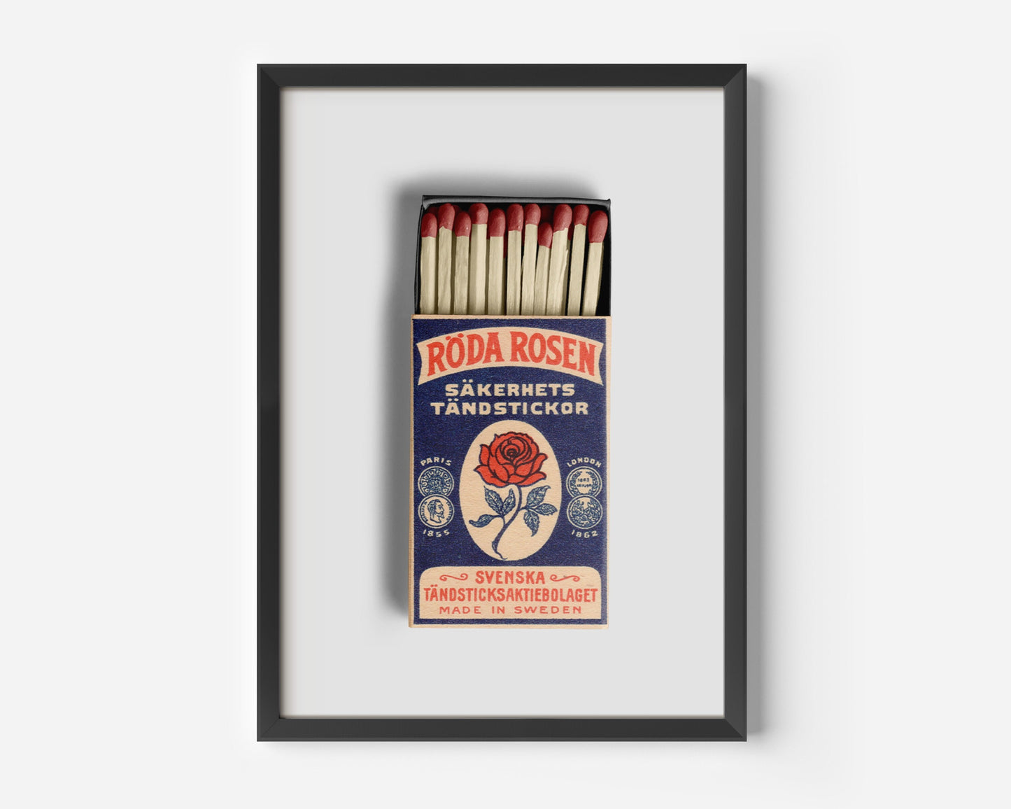 Vintage Swedish Matchbox Poster, Rose Matchbox Print