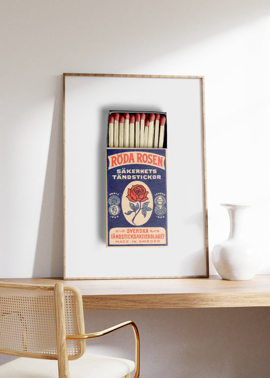 Vintage Swedish Matchbox Poster, Rose Matchbox Print