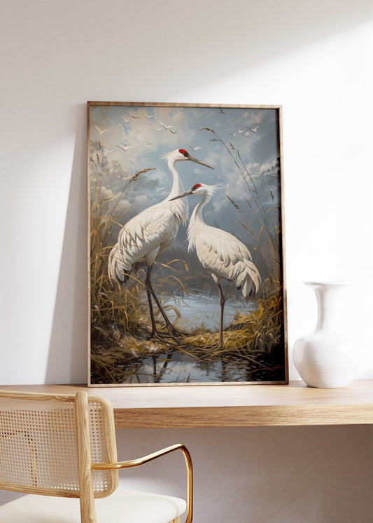 Two Crane Painting, Japanese Crane Print