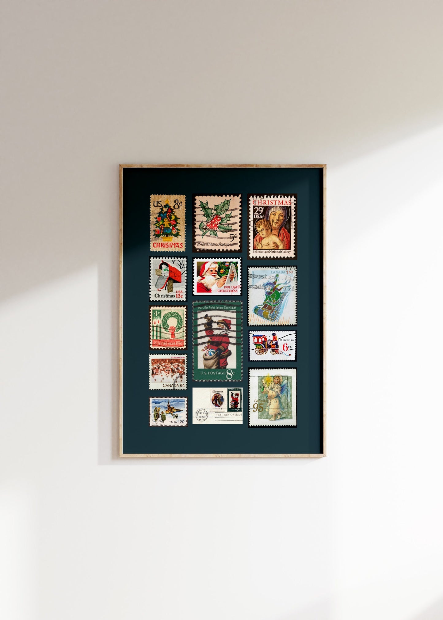 Vintage Christmas Stamps Poster, Retro Stamp Collage, Christmas Stamp Collection Poster