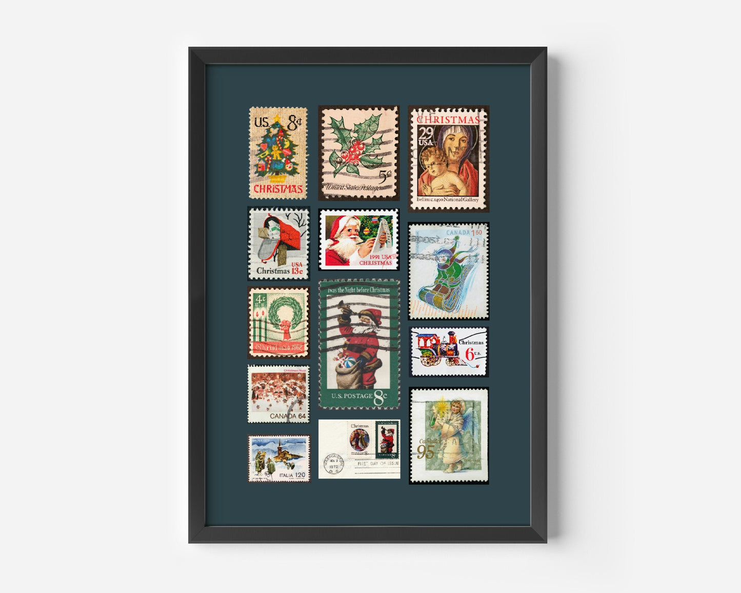 Vintage Christmas Stamps Poster, Retro Stamp Collage, Christmas Stamp Collection Poster