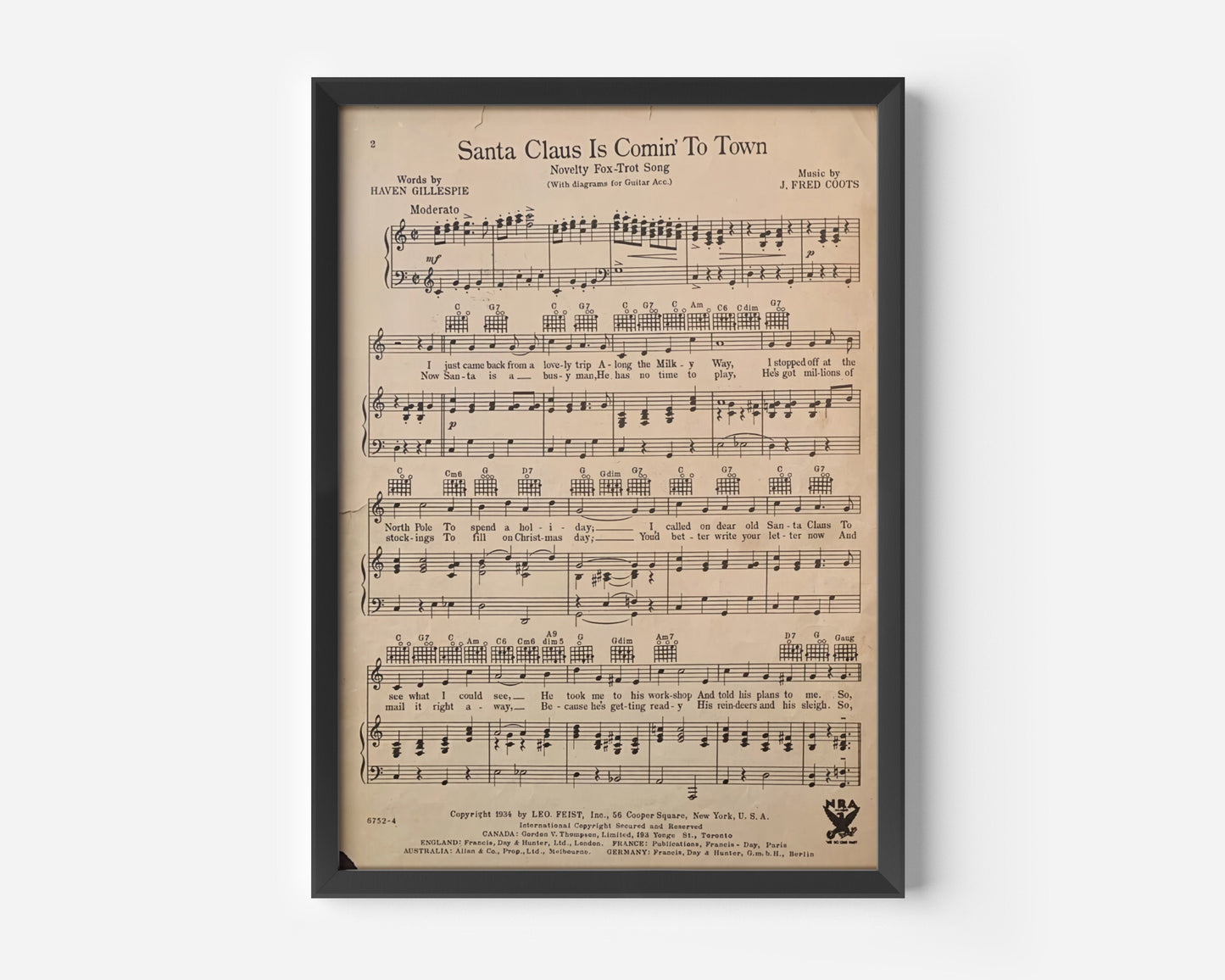 Santa Claus Is Coming To Town Christmas Song Music Sheet Poster