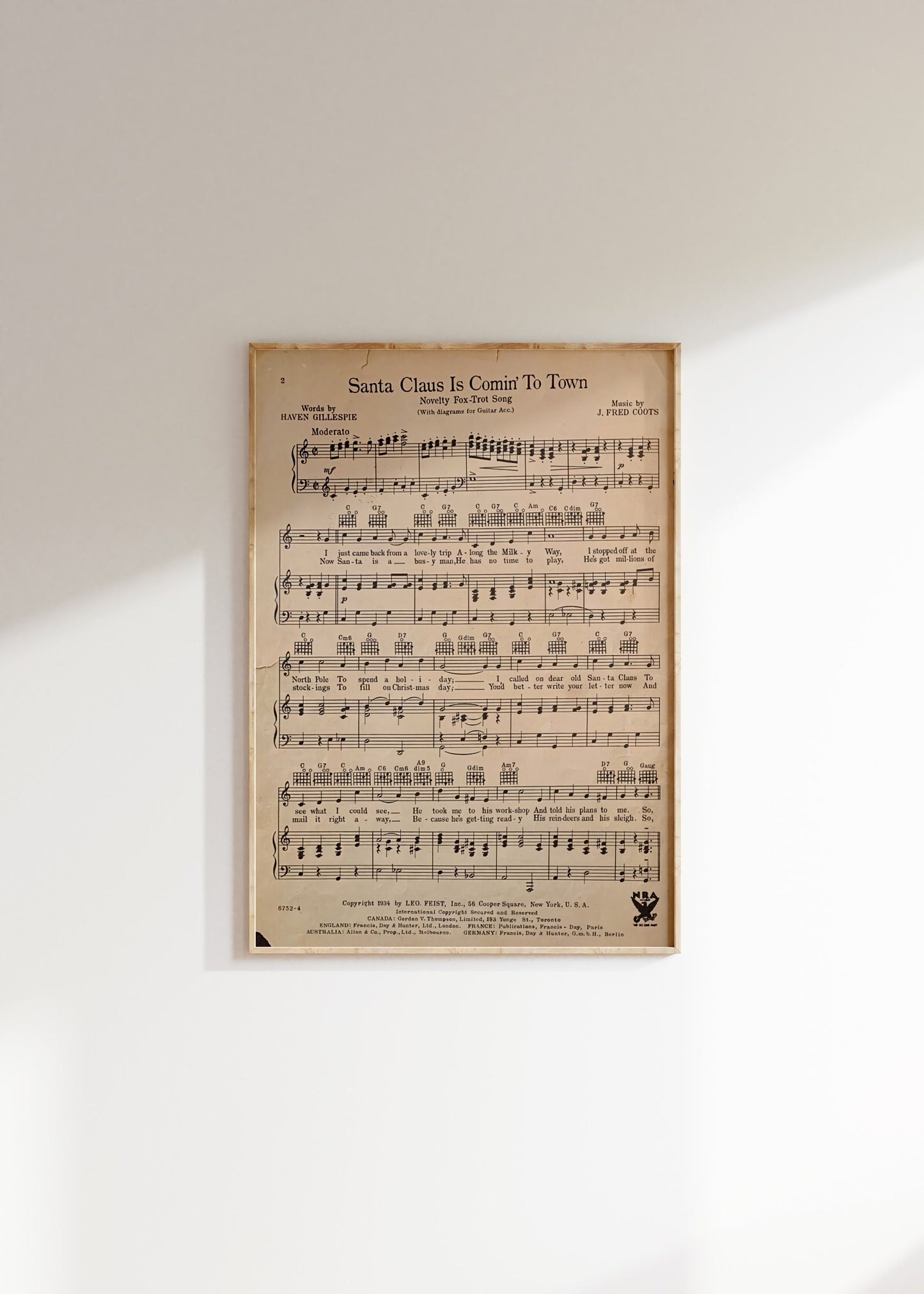 Santa Claus Is Coming To Town Christmas Song Music Sheet Poster