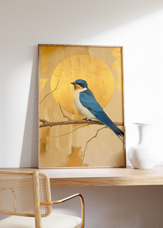 Vintage Blue Swallow Print, Japandi Style Swallow Poster