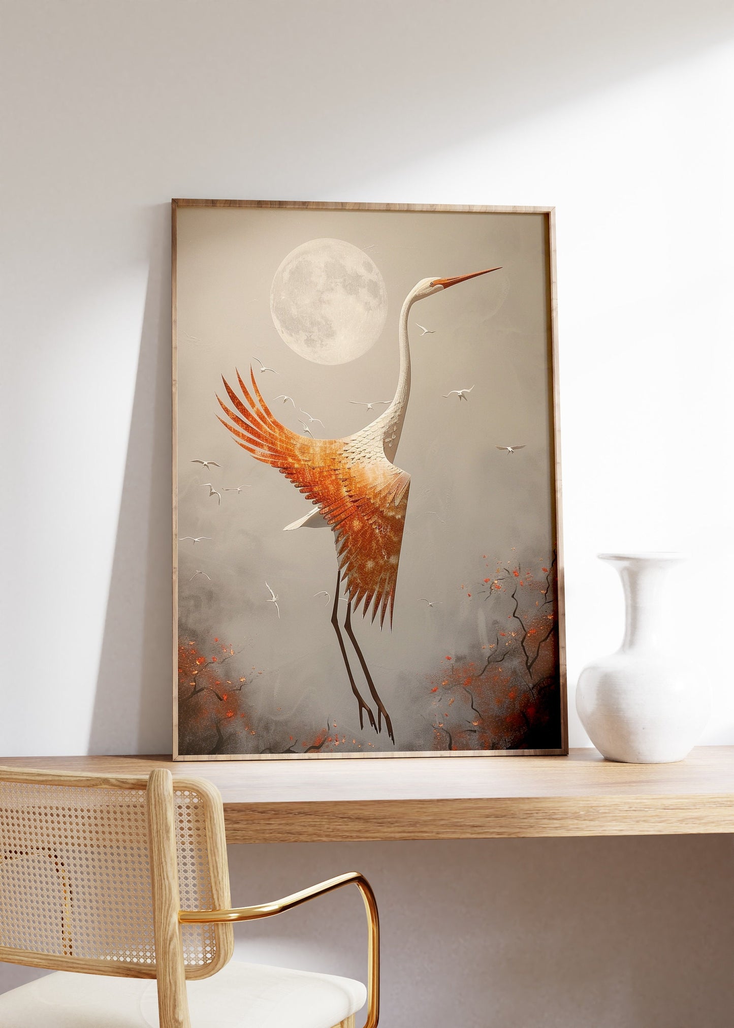 Japanese Crane And Full Moon Poster