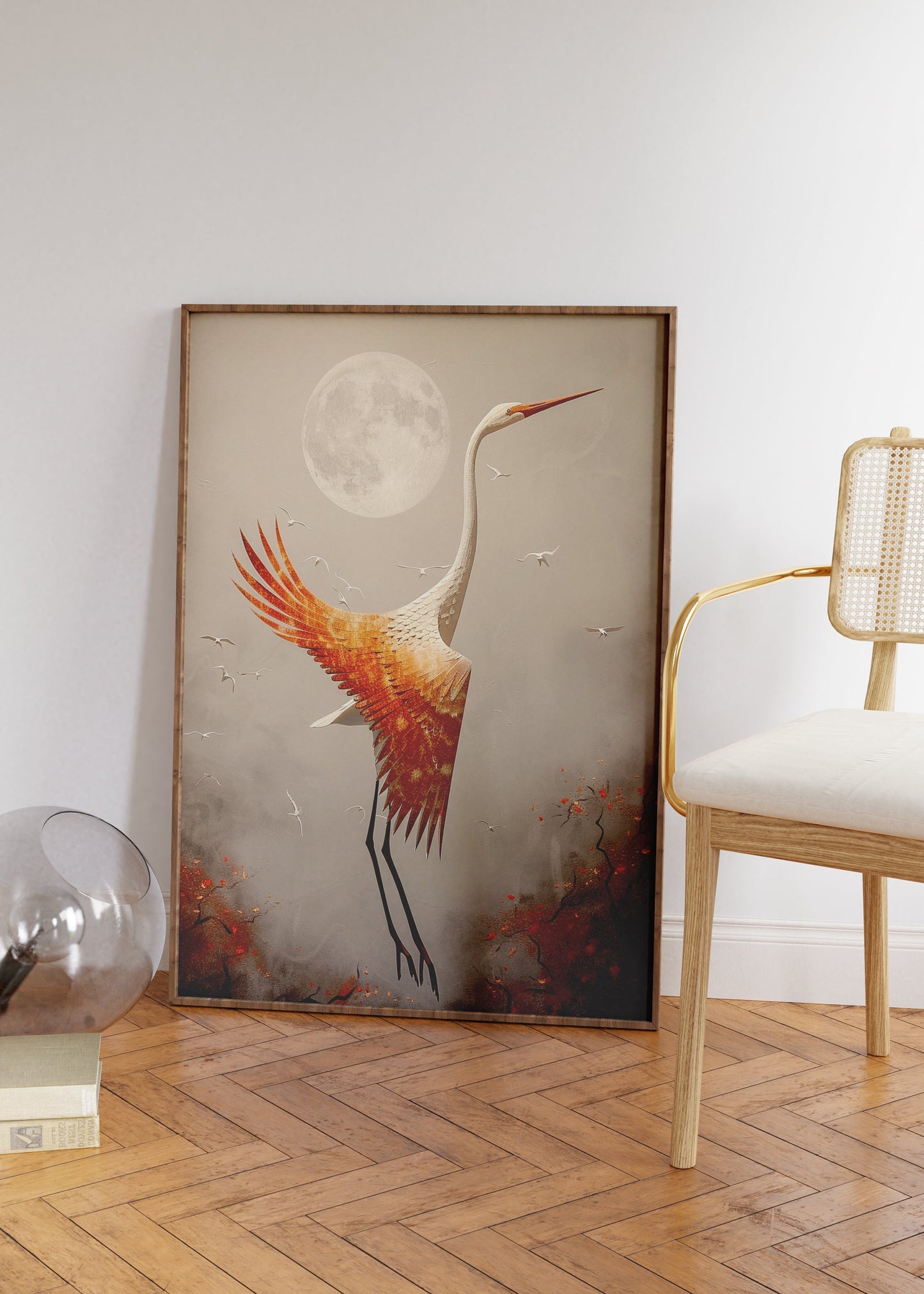 Japanese Crane And Full Moon Poster