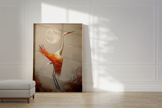 Japanese Crane And Full Moon Poster