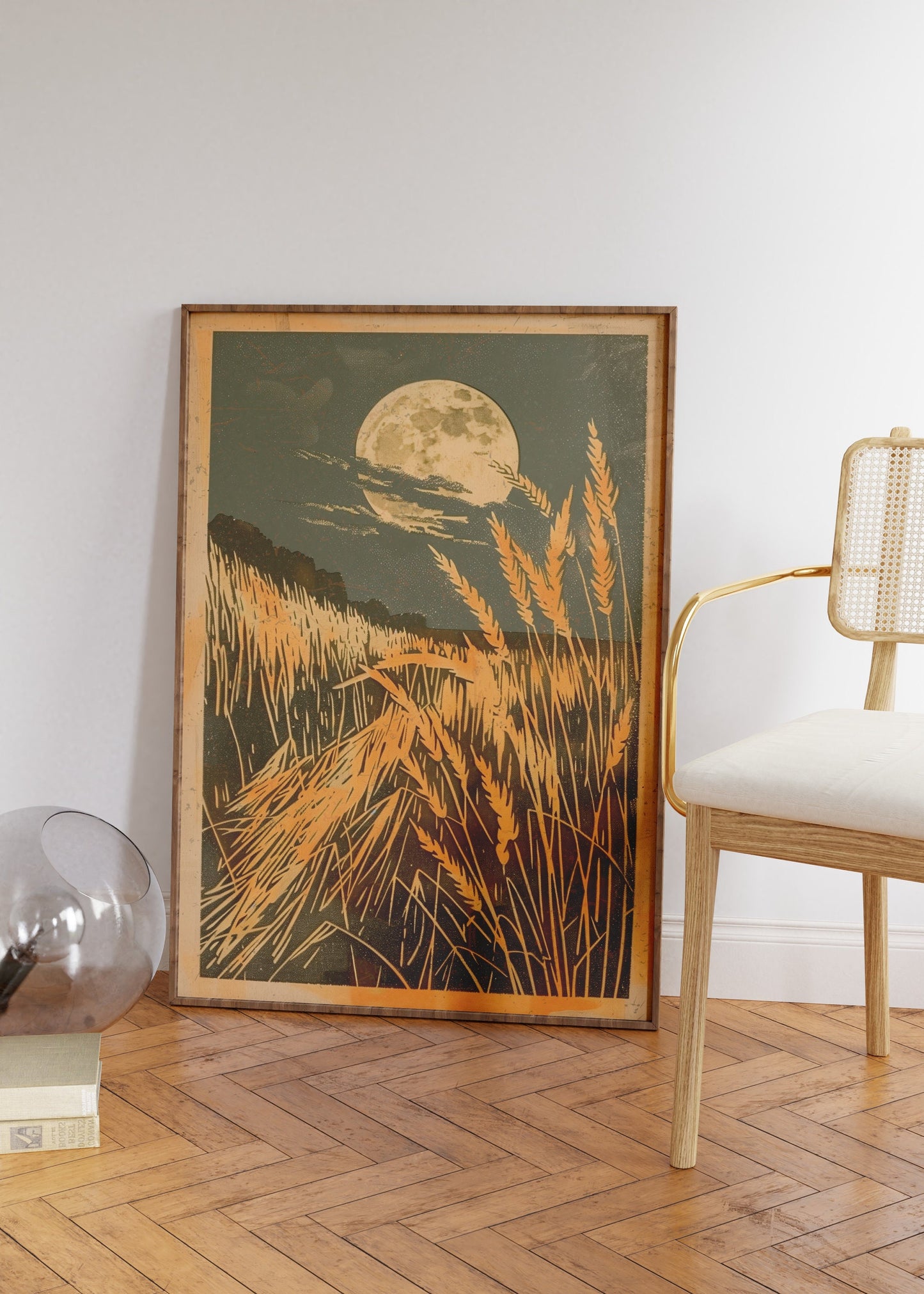 Vintage Print of a Wheat Field at Night With a Full Moon Poster