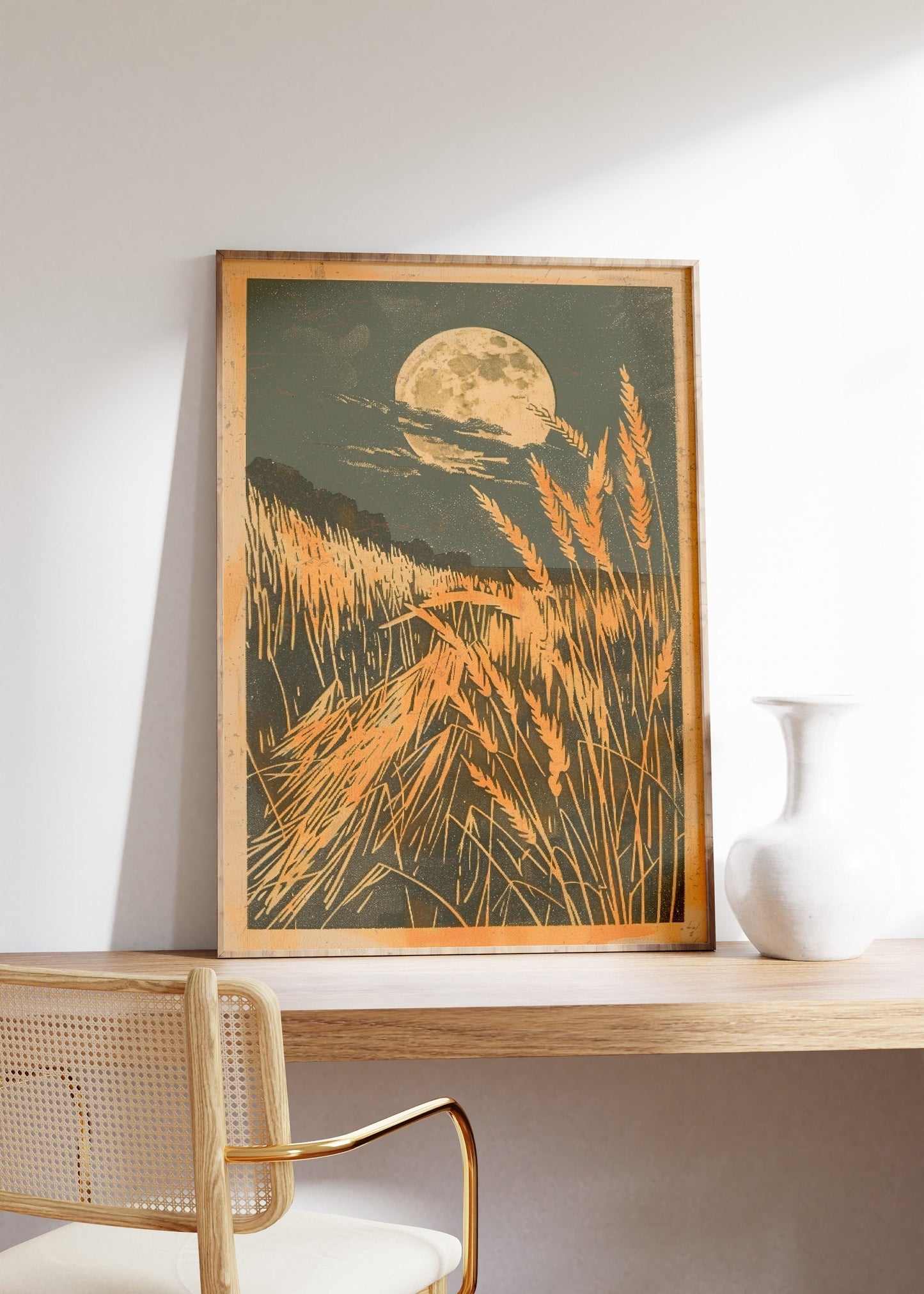 Vintage Print of a Wheat Field at Night With a Full Moon Poster