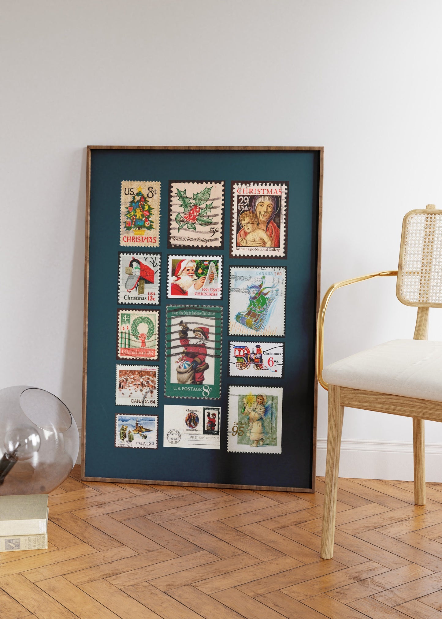 Vintage Christmas Stamps Poster, Retro Stamp Collage, Christmas Stamp Collection Poster