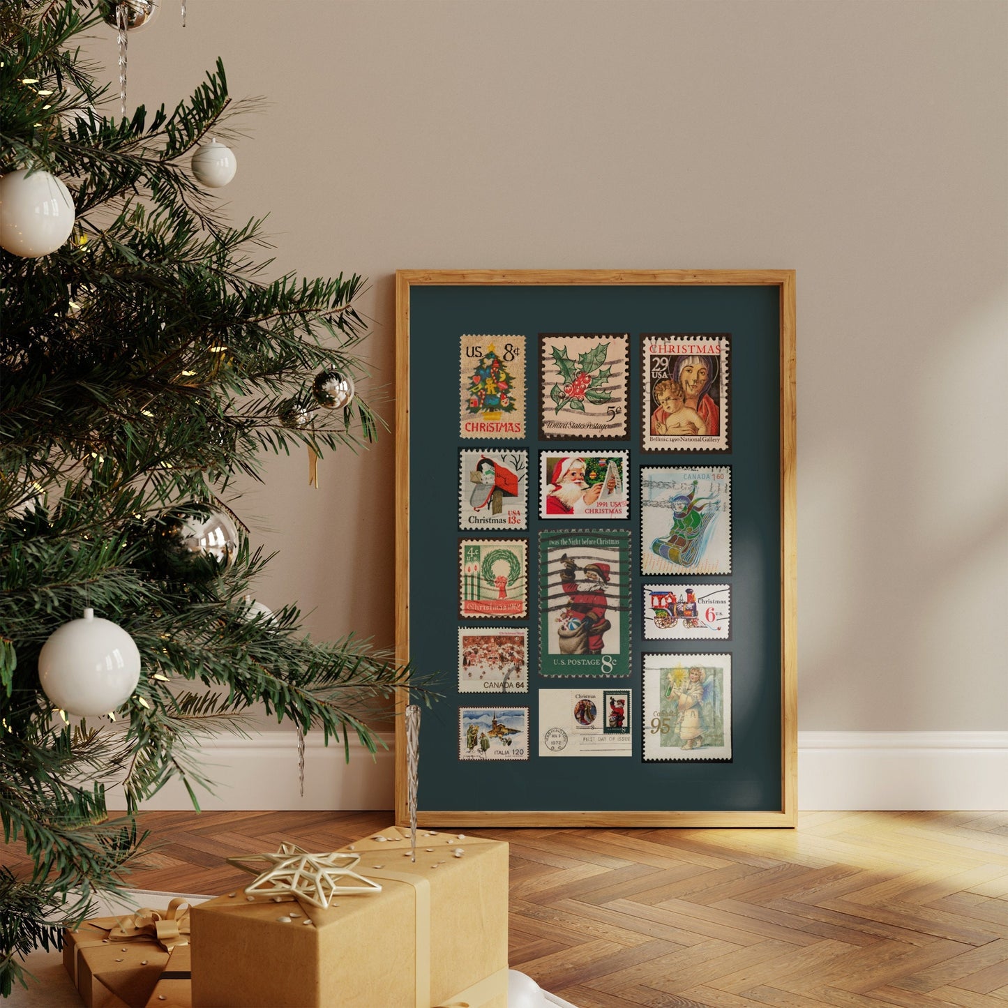 Vintage Christmas Stamps Poster, Retro Stamp Collage, Christmas Stamp Collection Poster