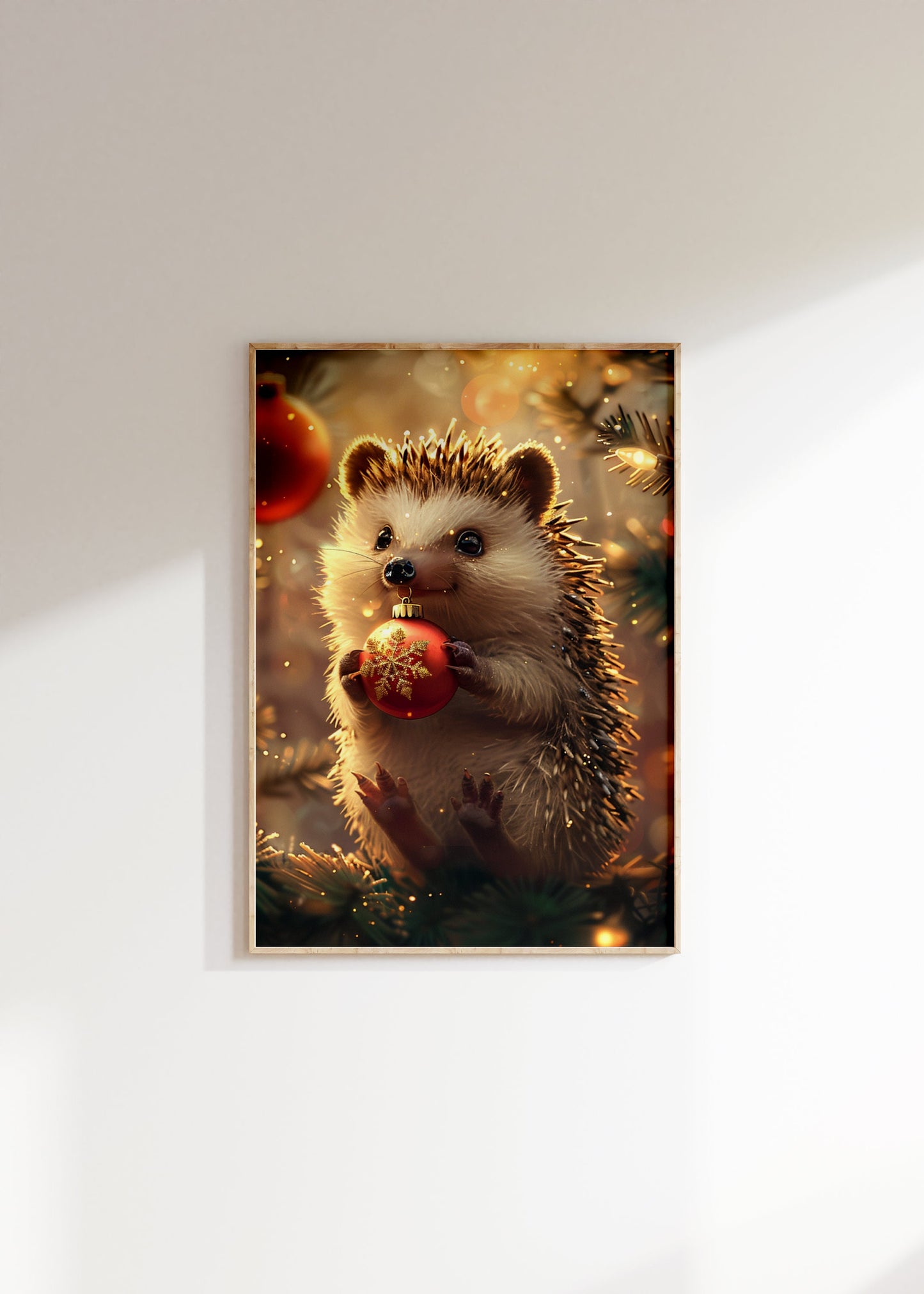 A Cheerful Hedgehog Holding a Christmas Ornament Poster