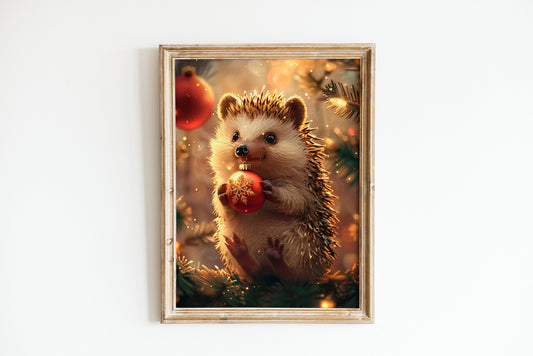 A Cheerful Hedgehog Holding a Christmas Ornament Poster