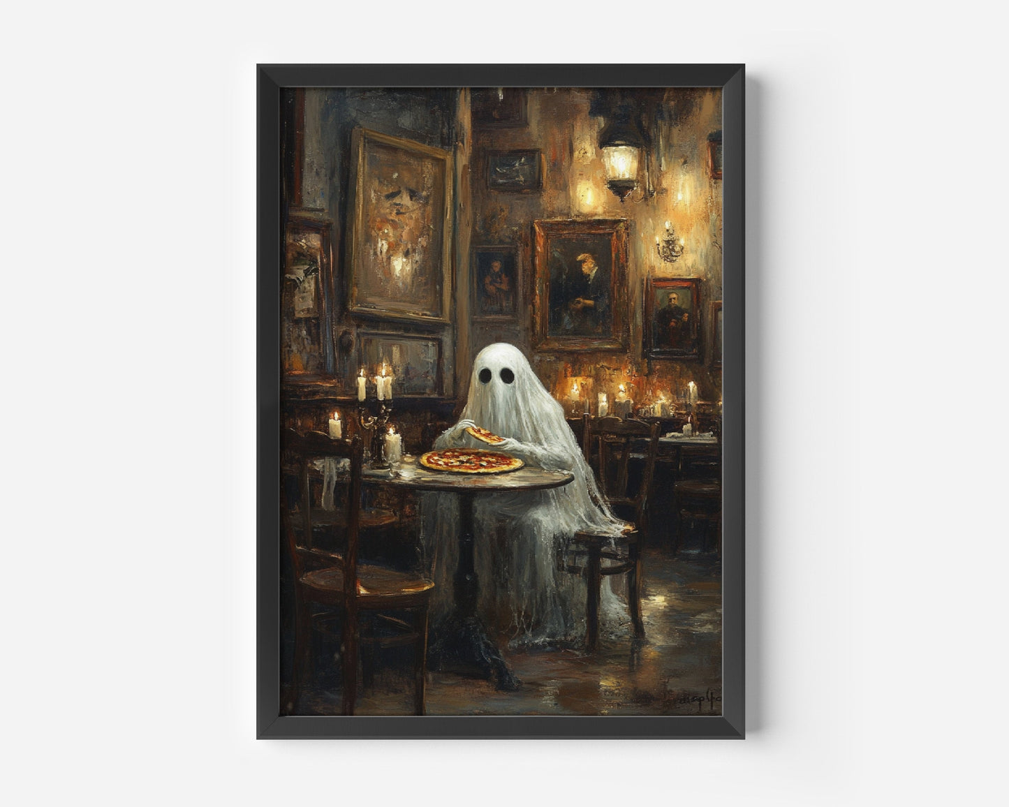 Ghost Eating Pizza Halloween Poster Print