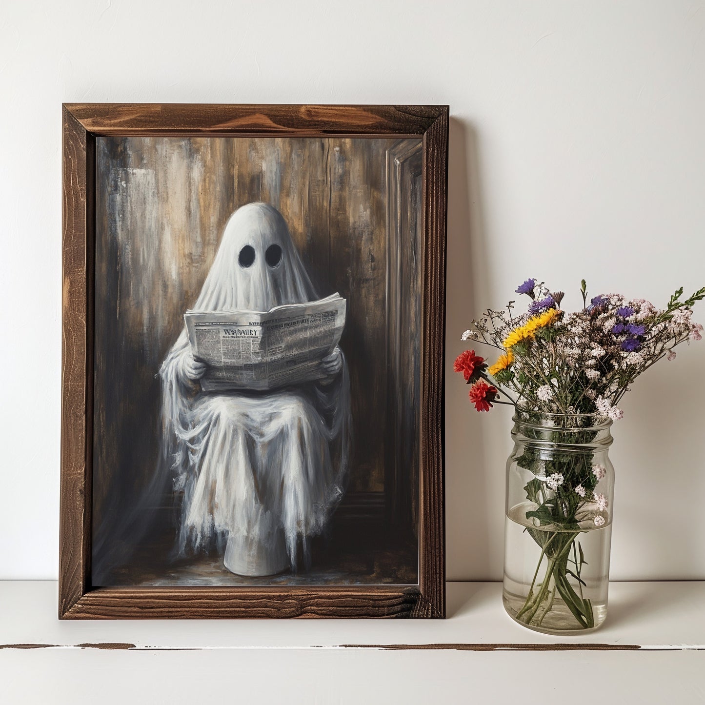 Ghost Reading Newspaper on Toilet Print