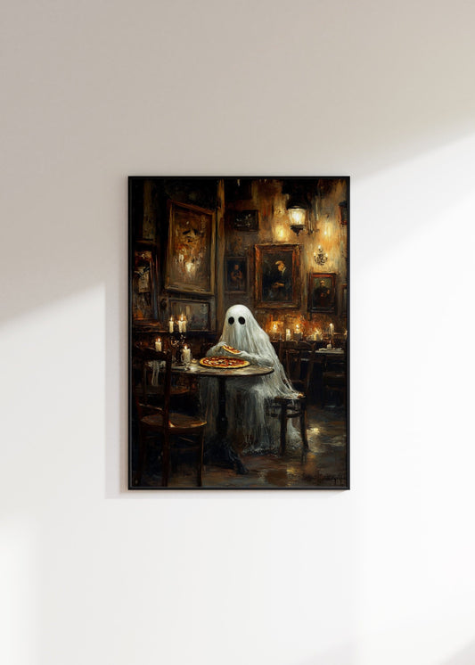 Ghost Eating Pizza Halloween Poster Print