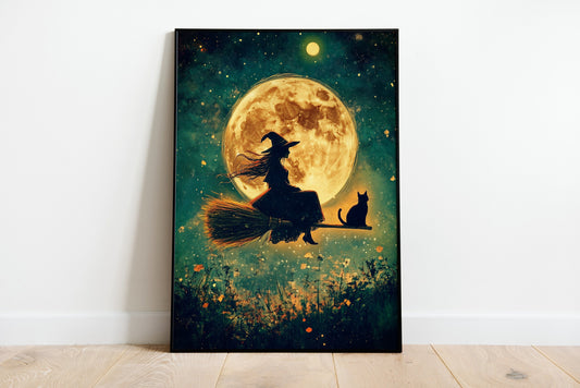 Witch And Black Cat Wall Art Poster