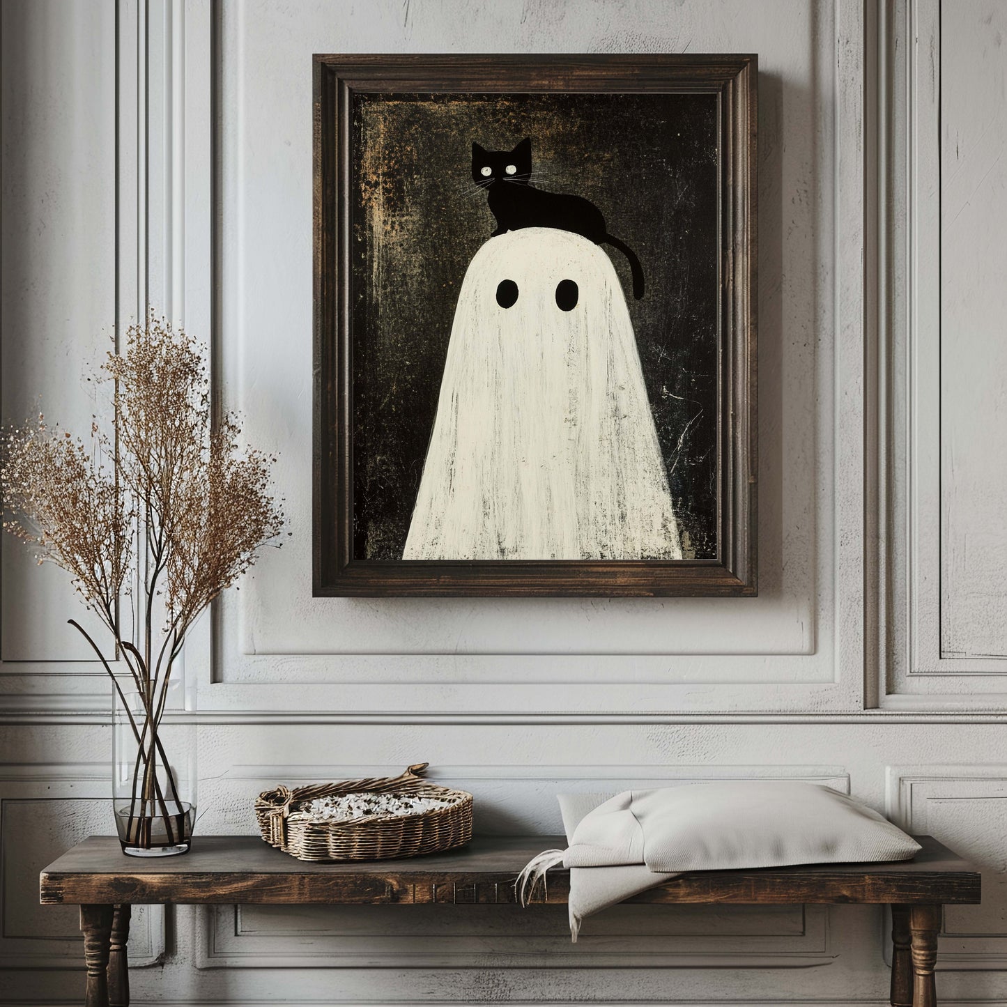 Black Cat Sitting on Ghost's Head Halloween Poster