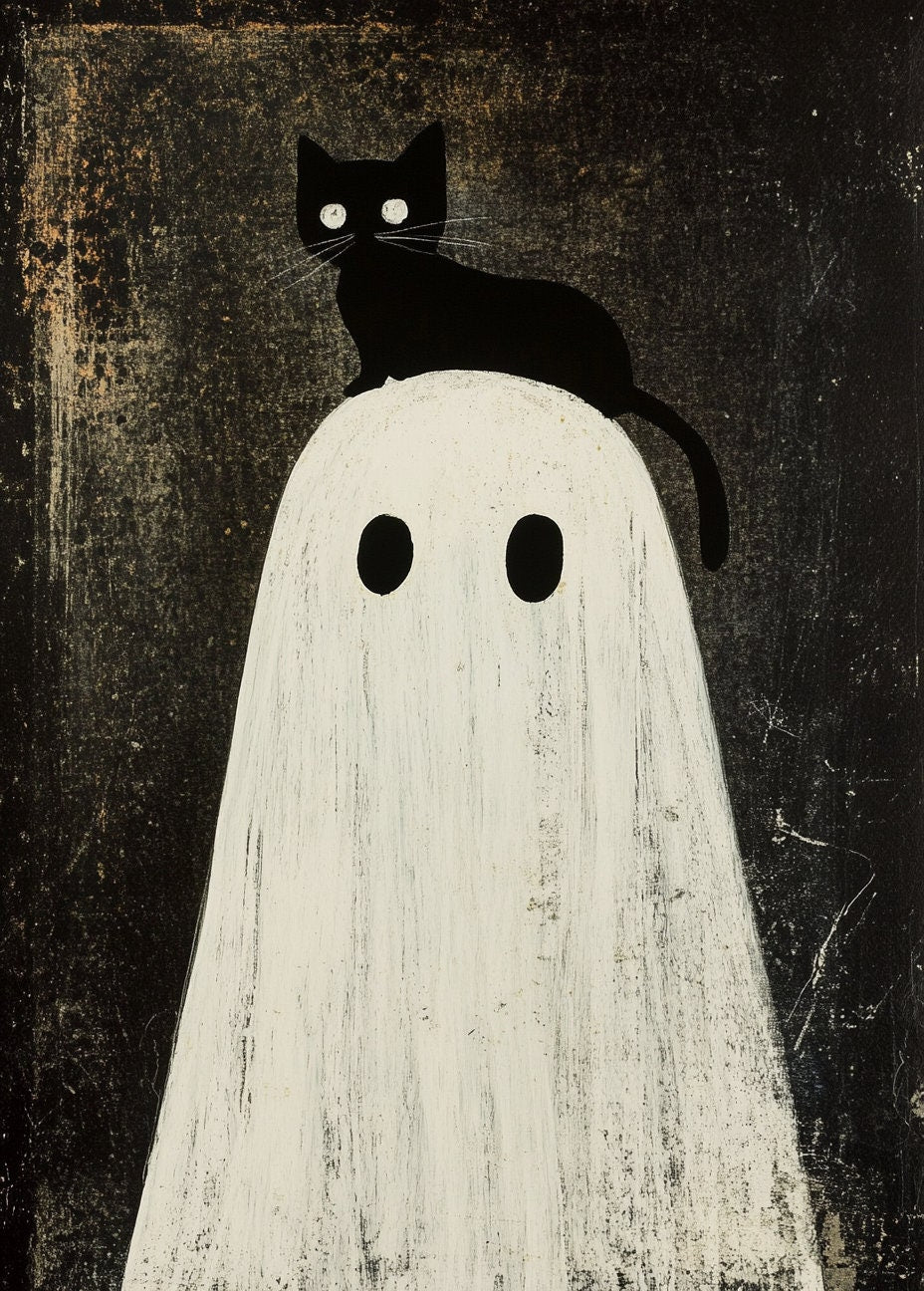 Black Cat Sitting on Ghost's Head Halloween Poster