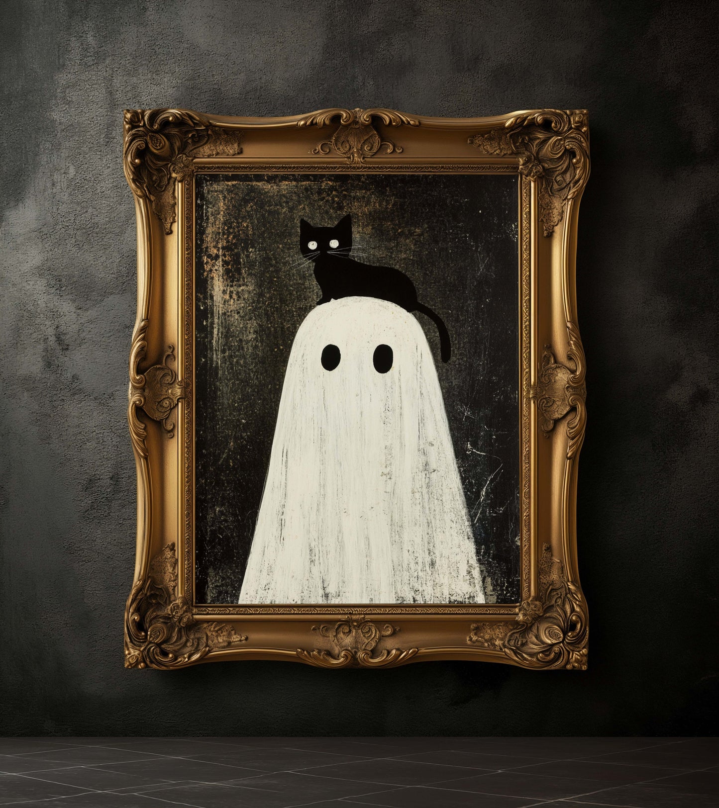 Black Cat Sitting on Ghost's Head Halloween Poster