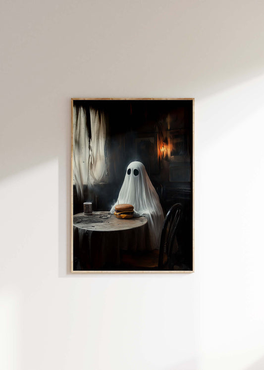 Ghost Eating Burger Halloween Poster Print