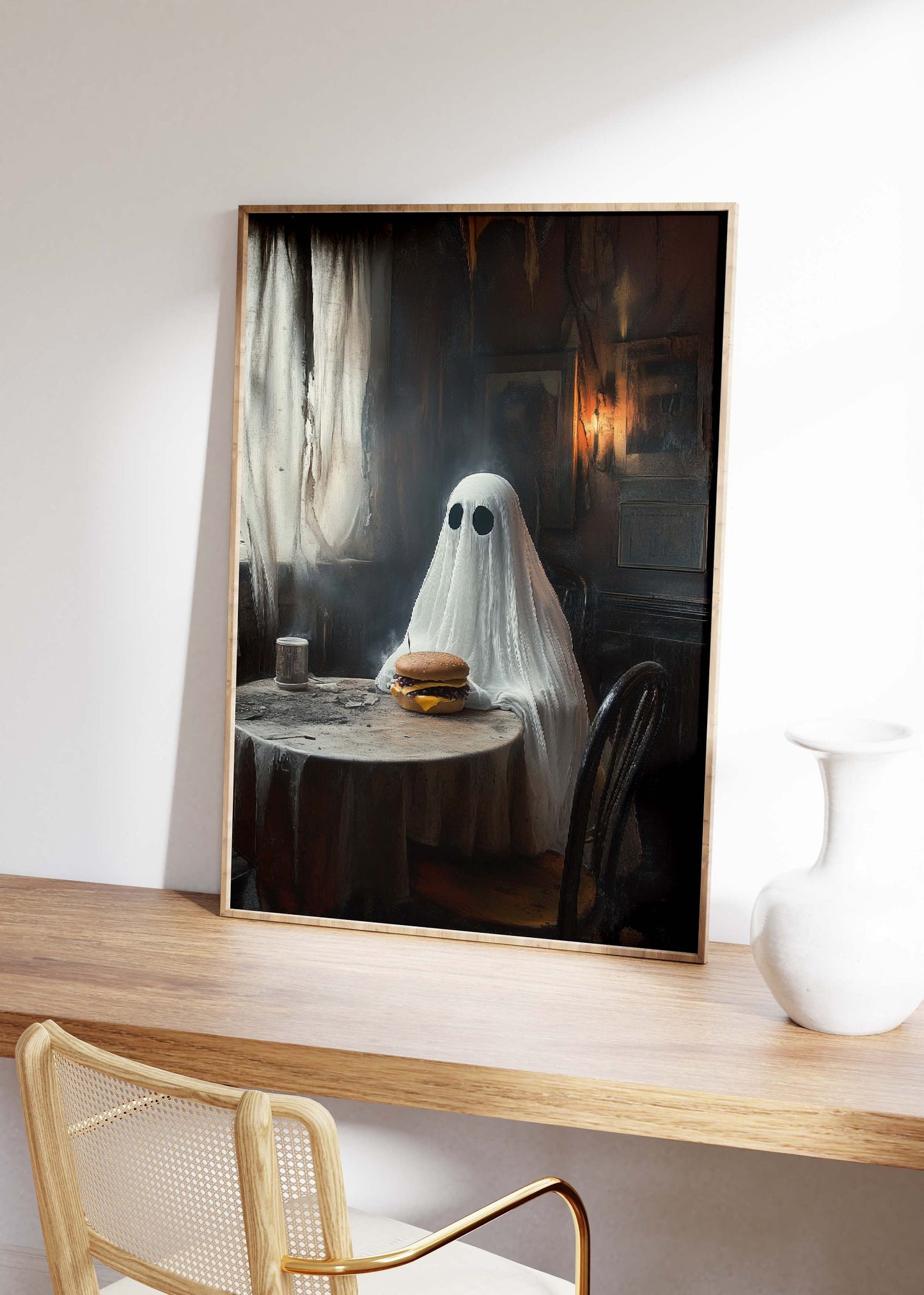 Ghost Eating Burger Halloween Poster Print