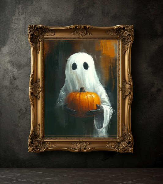 Ghost Holding a Pumpkin Halloween Print