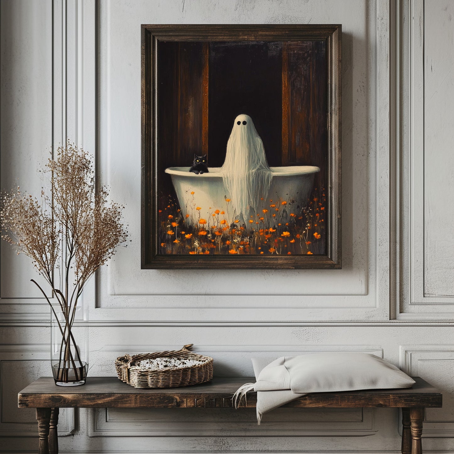 Ghost And Black Cat Taking Bath in Wildflowers Print, Halloween Art Poster, Spooky Ghost Wall Art, Fall Decoration,Wall Decor, Dark Academia