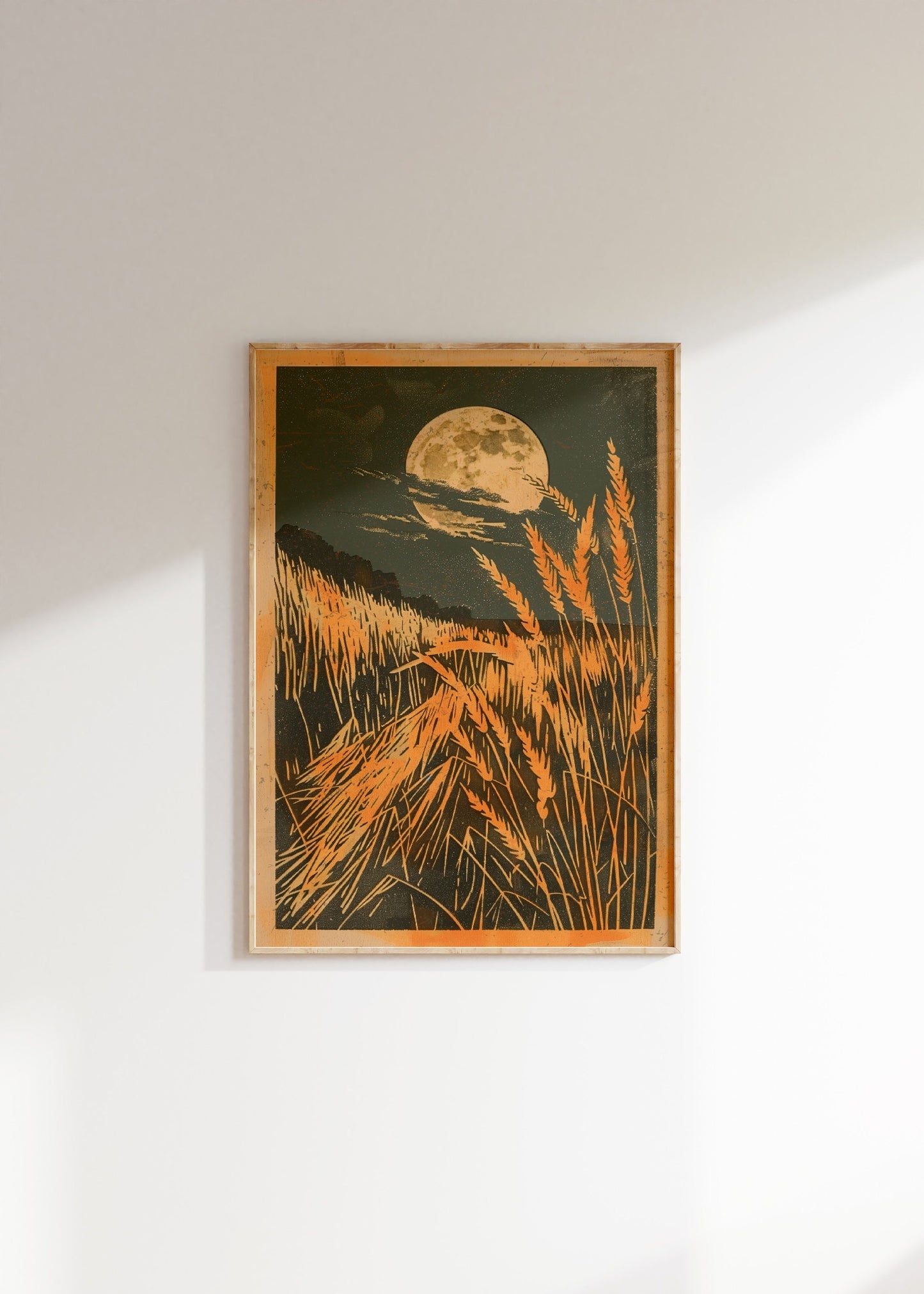 Vintage Print of a Wheat Field at Night With a Full Moon Poster