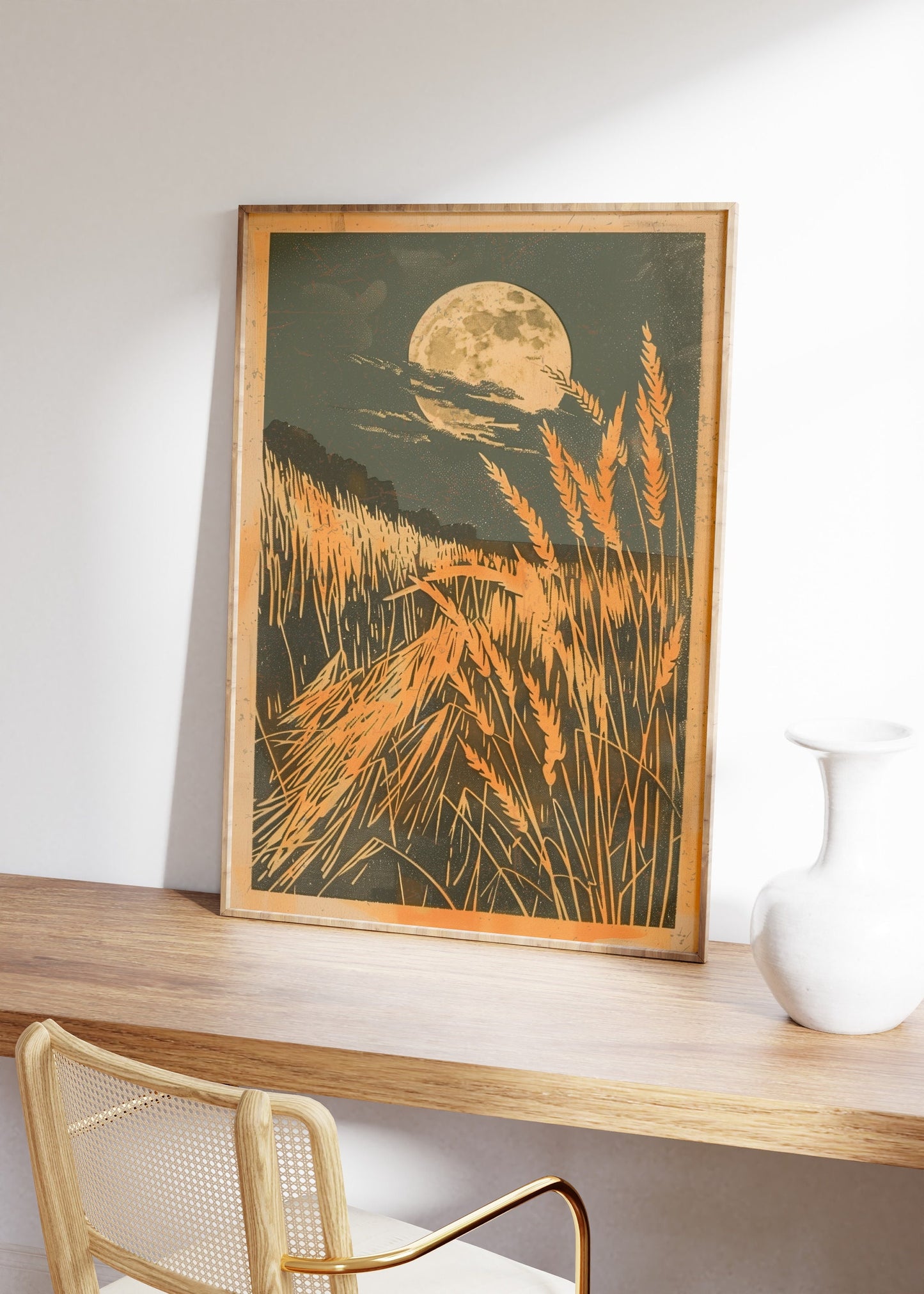 Vintage Print of a Wheat Field at Night With a Full Moon Poster