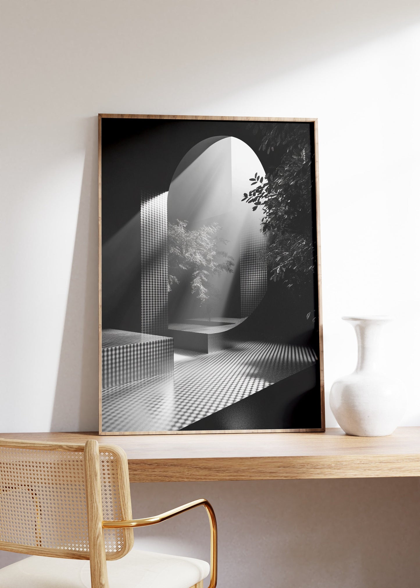 Surreal Monochrome Interior Poster, Geometric Forms and Deep Shadows