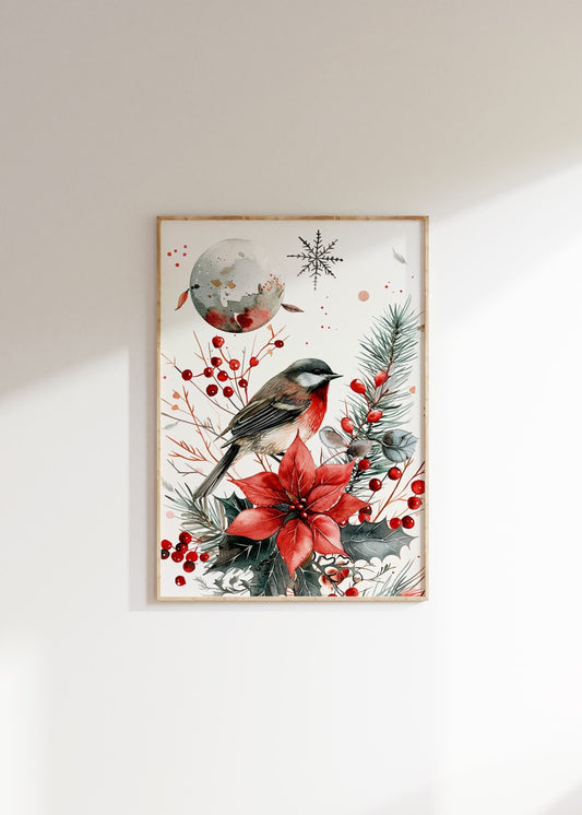 Vintage Christmas Bird Print, Christmas Wall Art