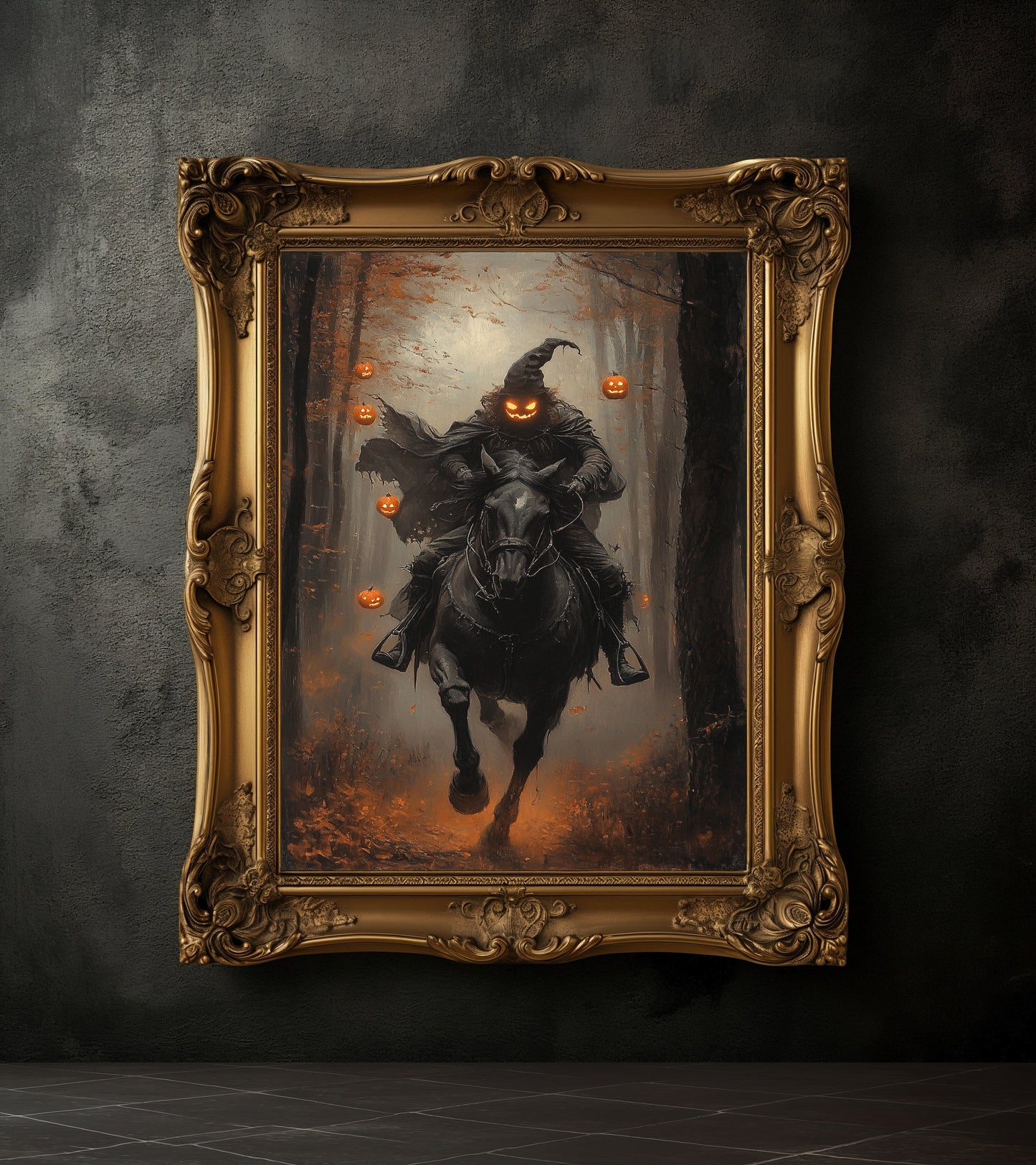 Pumpkin Rider Wall Art, Dark  Moody Fantasy Poster Print