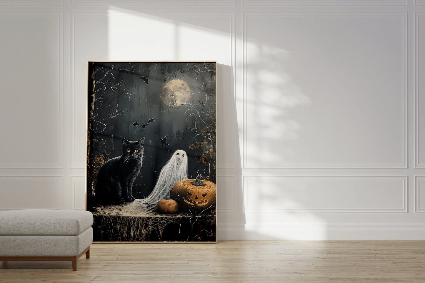 Black Cat Ghost and Pumpkin Halloween Poster