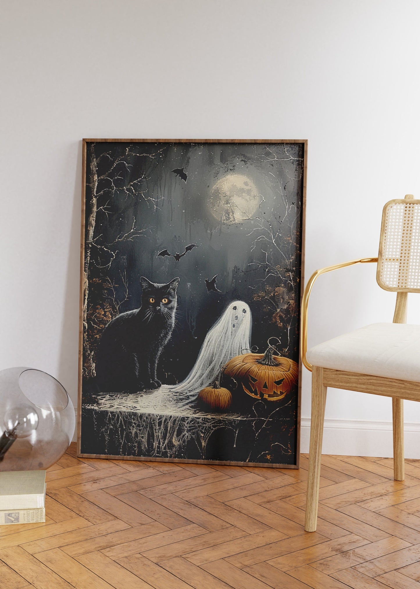 Black Cat Ghost and Pumpkin Halloween Poster