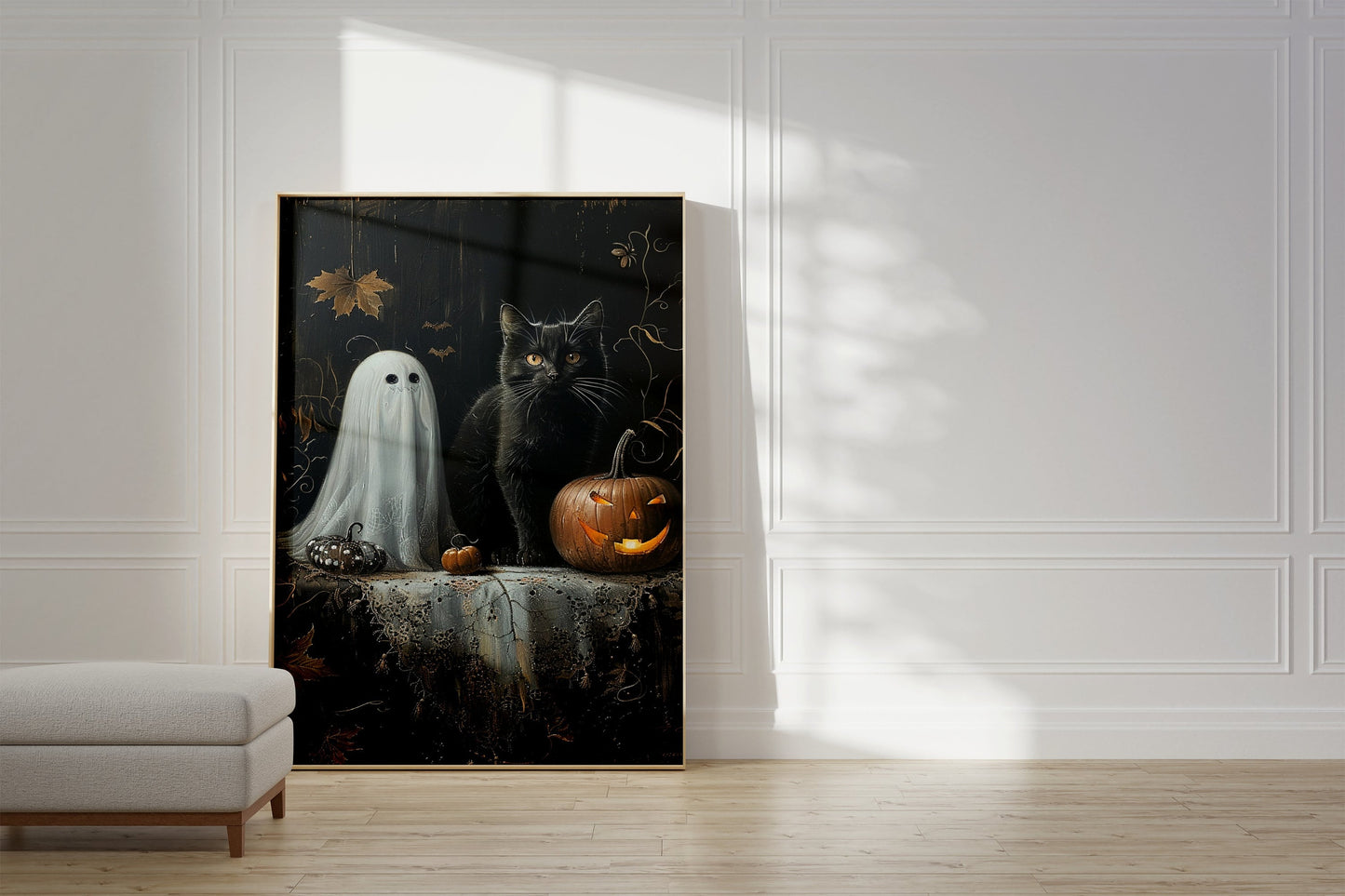 Black Cat Ghost and Pumpkin Halloween Poster