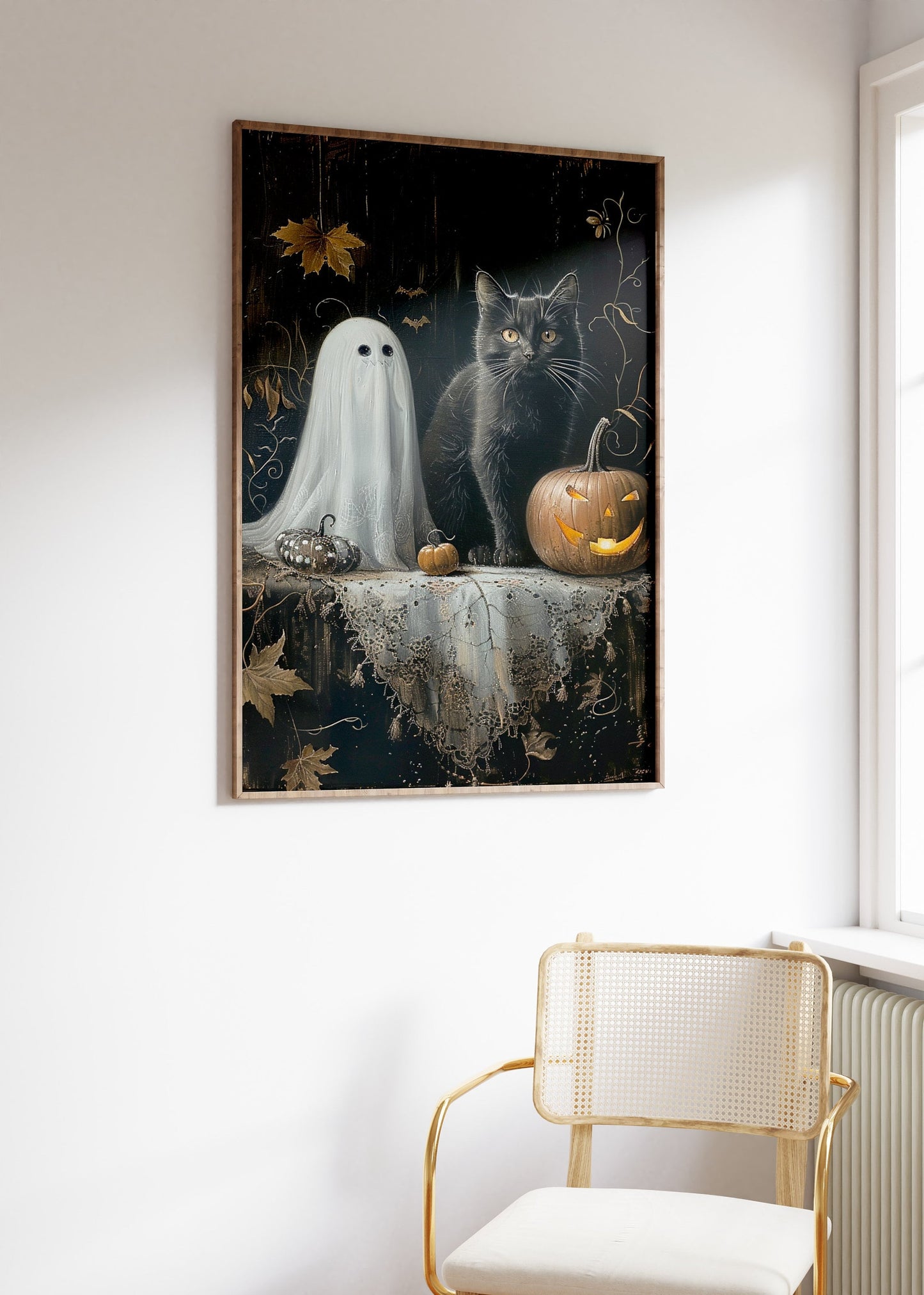 Black Cat Ghost and Pumpkin Halloween Poster