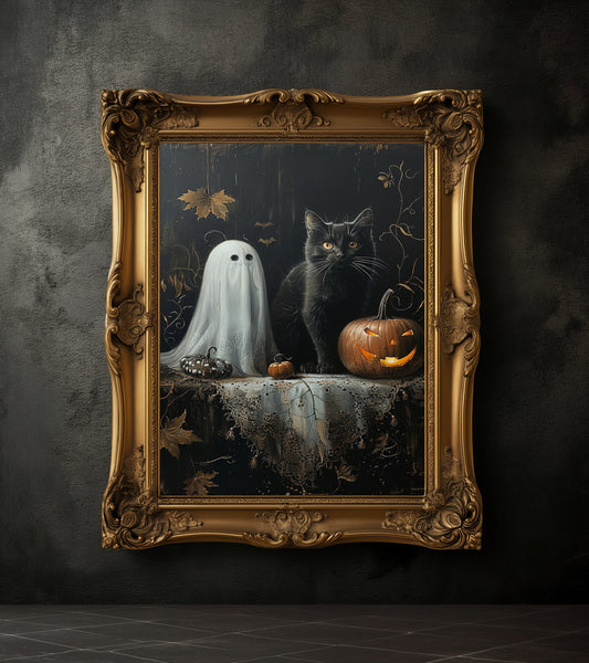 Black Cat Ghost and Pumpkin Halloween Poster