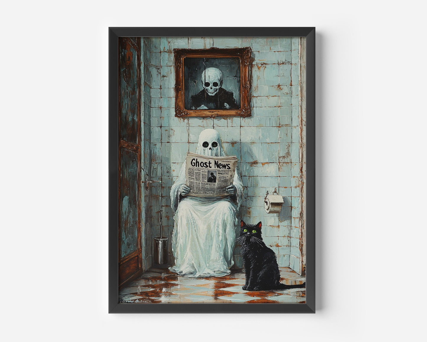 Ghost Reading Newspaper on Toilet Print