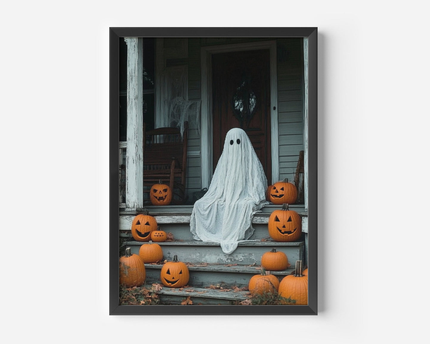 Ghost Sitting on the Front Porch Steps of an Old House, Dark Academia, Whimsical Ghost Bathroom Portrait Halloween Vintage Poster, Gothic