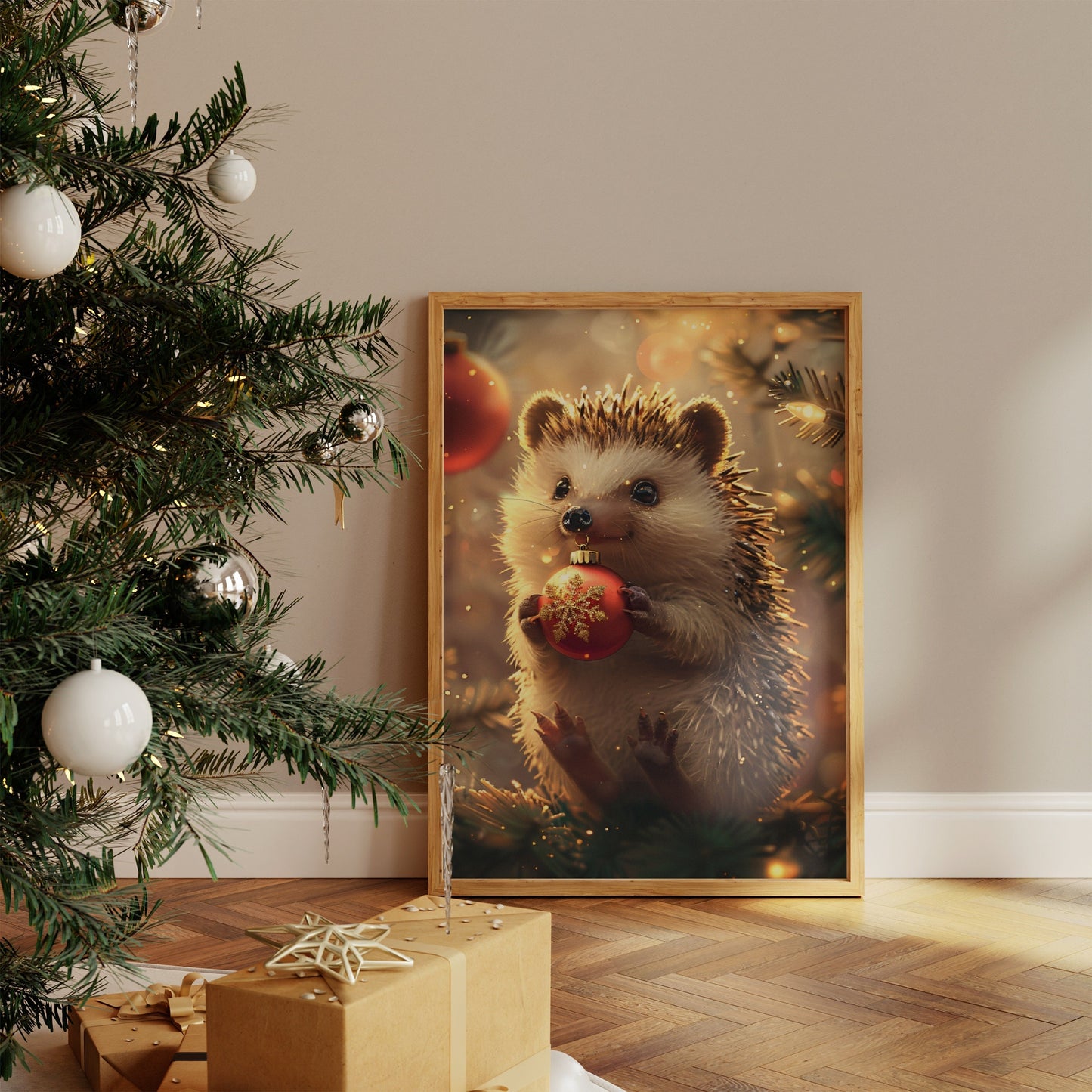 A Cheerful Hedgehog Holding a Christmas Ornament Poster