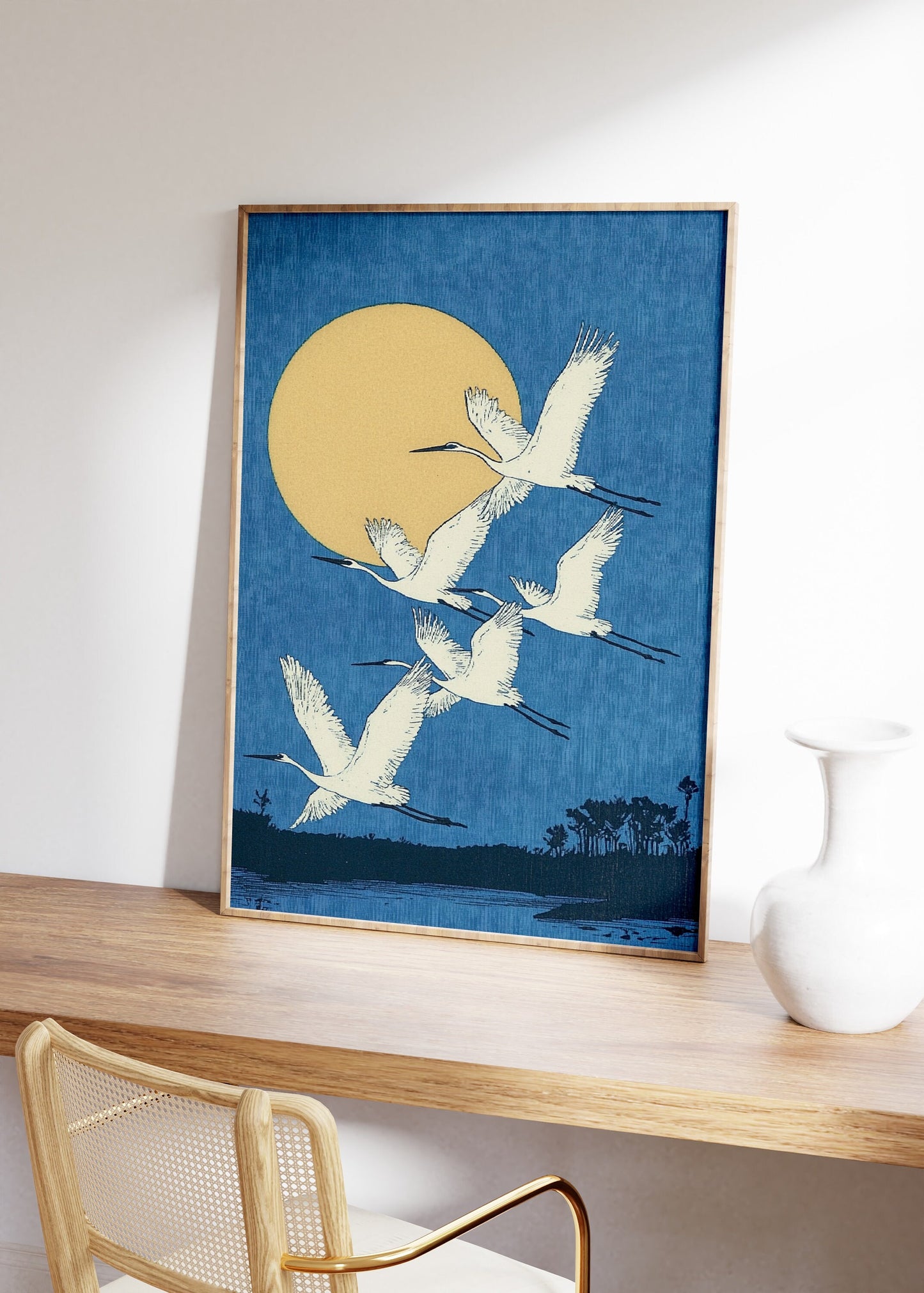 Full Moon And Crane Flying Painting, Watercoloor Crane Print, Muted Tones, Antique Japan Bird Painting, Bird Wall Art, Claude Monet Style