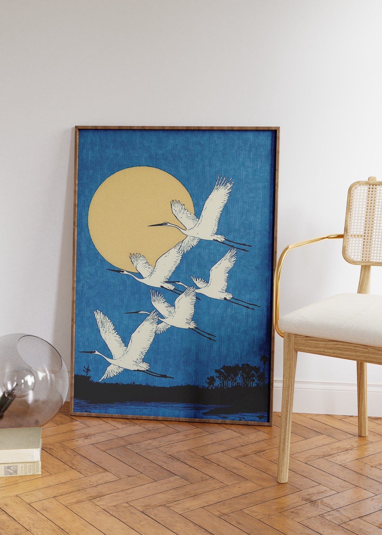 Full Moon And Crane Flying Painting, Watercoloor Crane Print, Muted Tones, Antique Japan Bird Painting, Bird Wall Art, Claude Monet Style