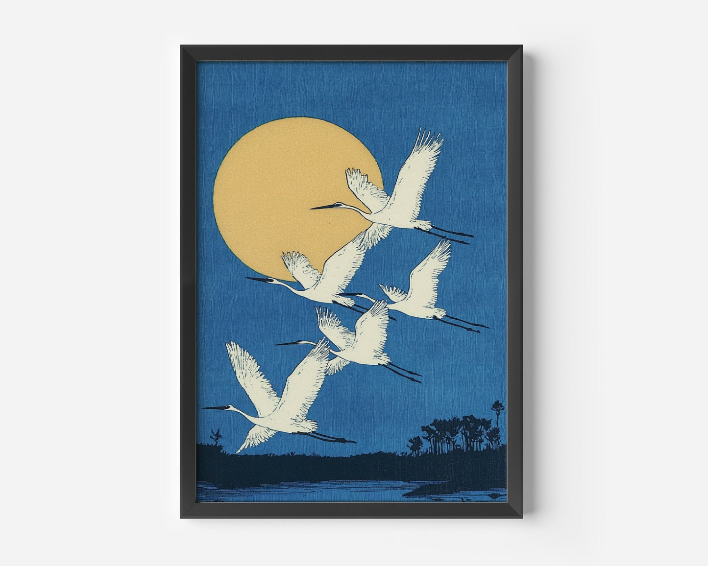 Full Moon And Crane Flying Painting, Watercoloor Crane Print, Muted Tones, Antique Japan Bird Painting, Bird Wall Art, Claude Monet Style