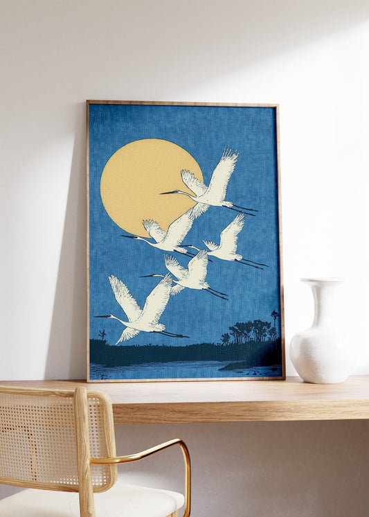 Full Moon And Crane Flying Painting, Watercoloor Crane Print, Muted Tones, Antique Japan Bird Painting, Bird Wall Art, Claude Monet Style