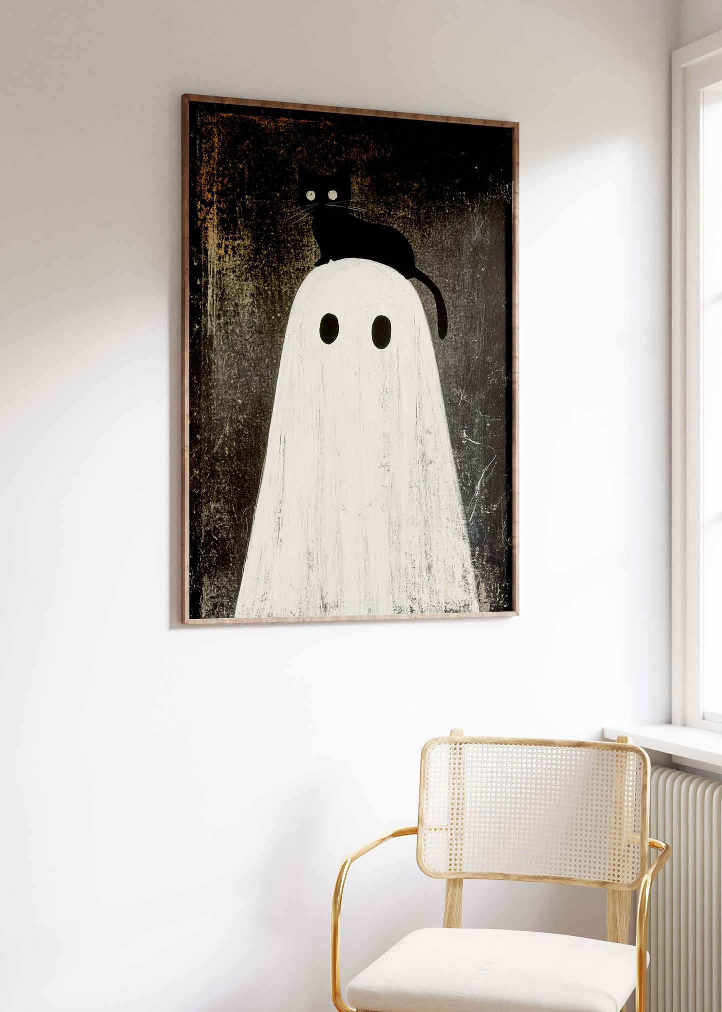 Black Cat Sitting on Ghost's Head Halloween Poster