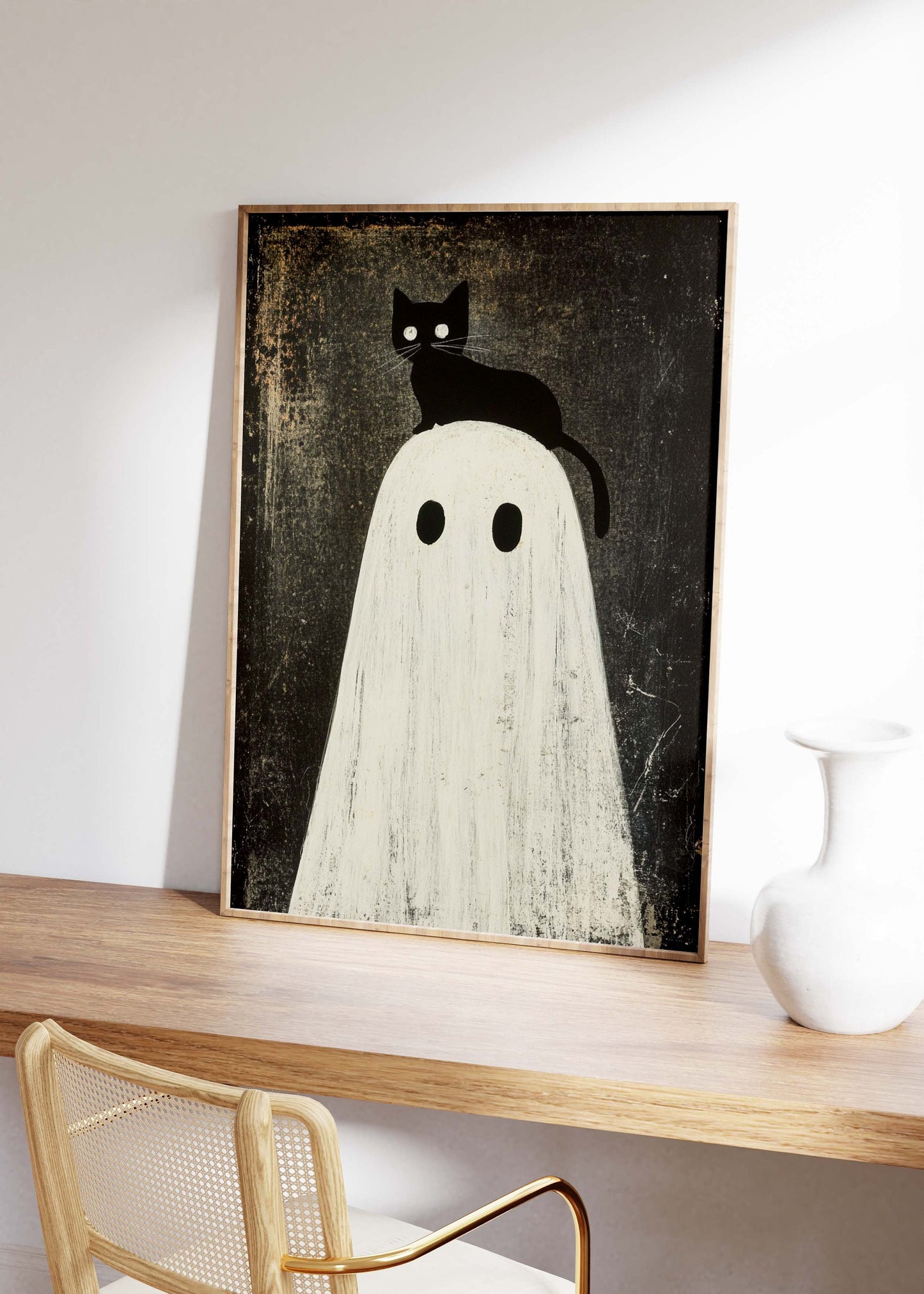 Black Cat Sitting on Ghost's Head Halloween Poster